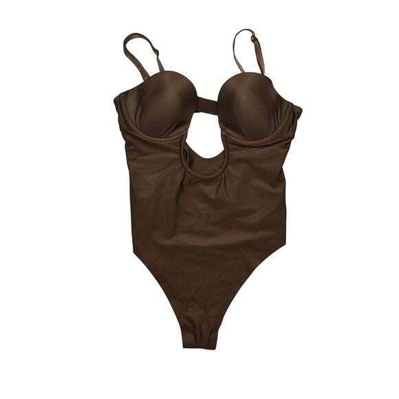 SKIMS deep plunge cocoa brown bodysuit shapewear push up bra womens size Large - Picture 1 of 9
